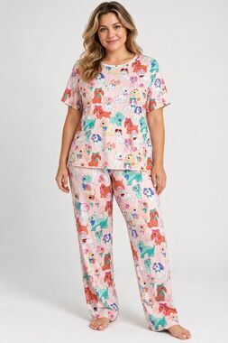 Cute Dog Print Pajama Set Pink Short Sleeve Top Lounge Pants 4XL